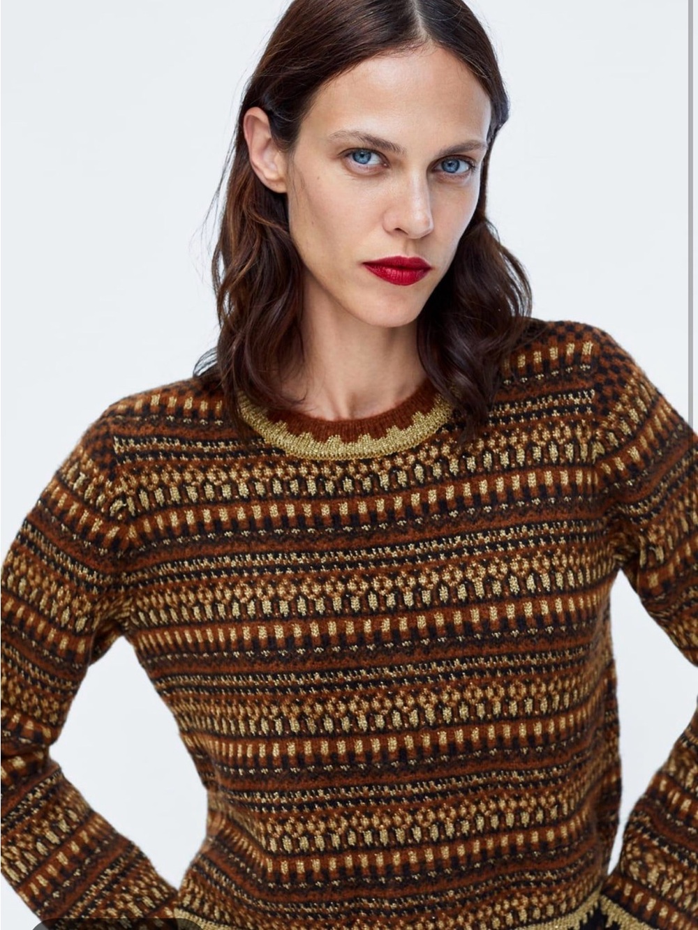Zara Brown and Gold Patterned Crewneck Sweater